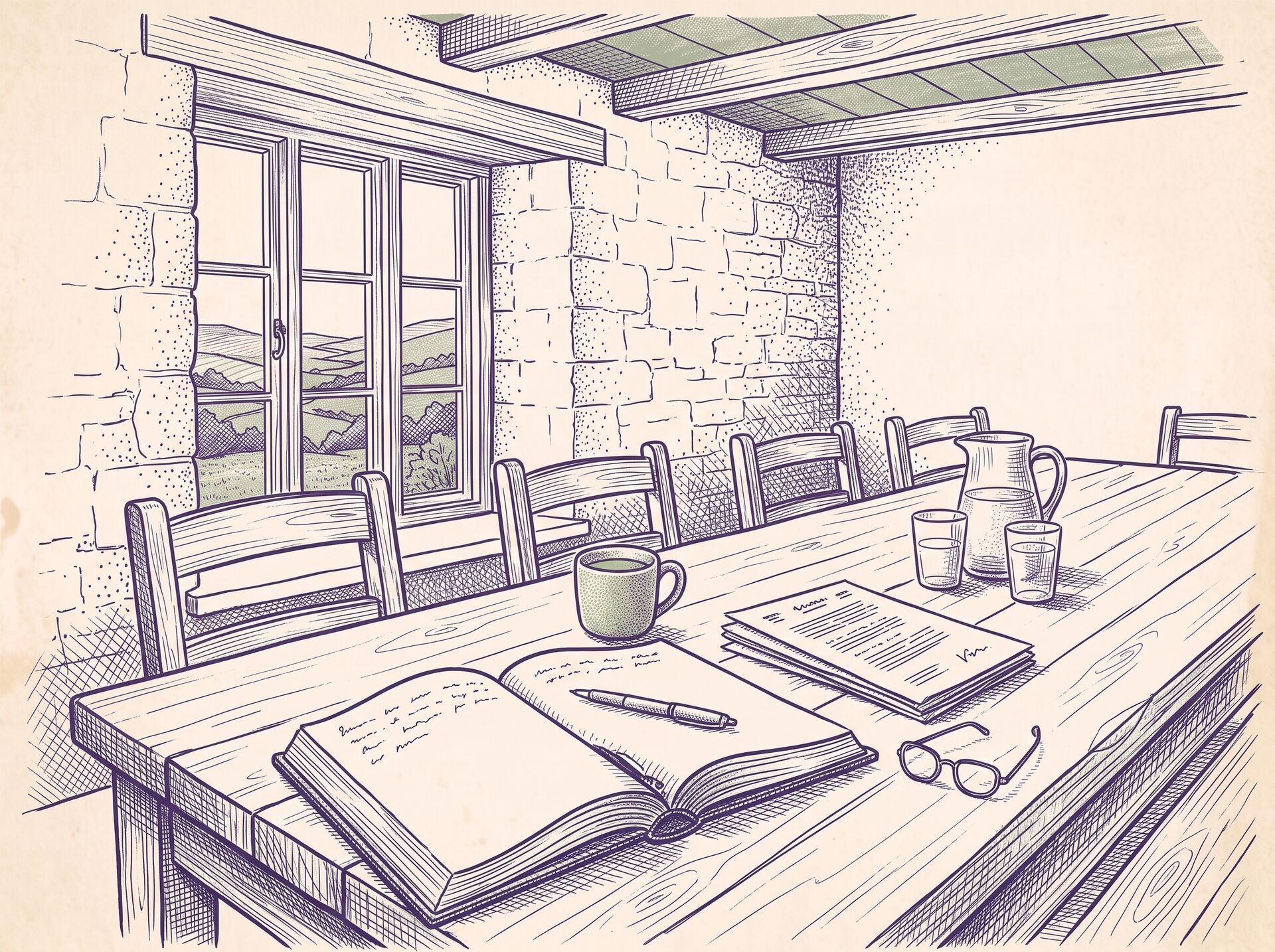 Illustration of an agenda and minute book on a village hall table