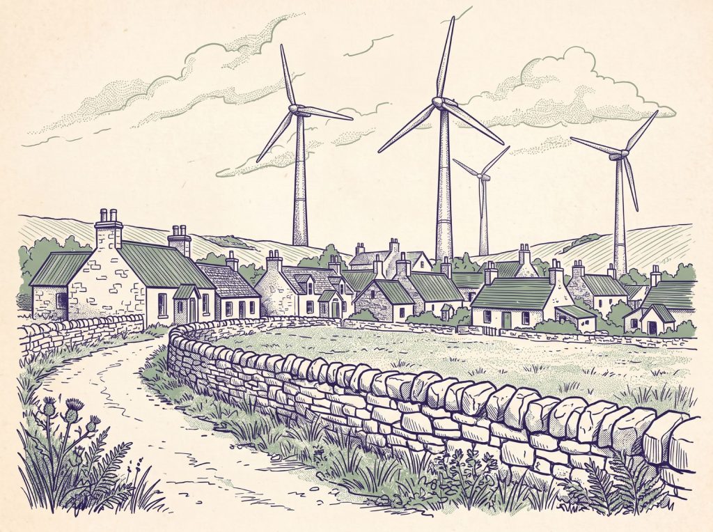 Pen and ink illustration of wind turbines rising behind village rooftops
