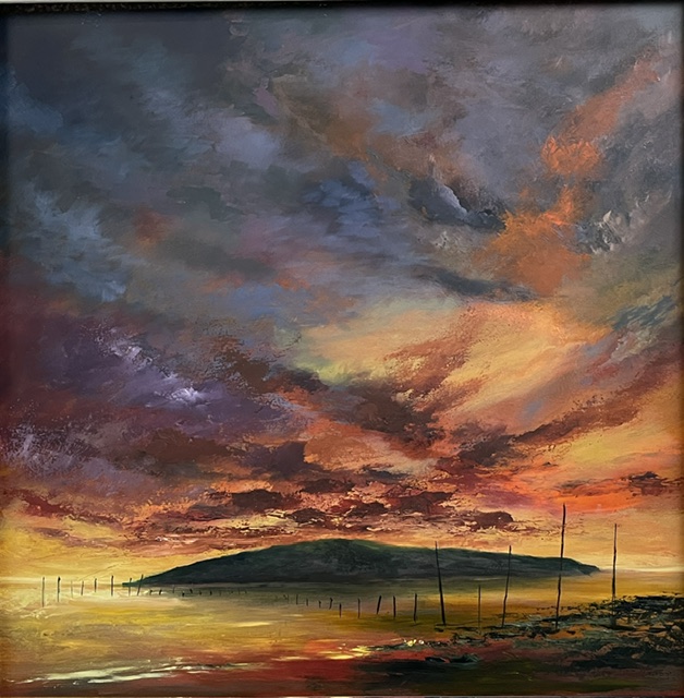 Balcary Sunrise, an oil painting of a burning orange sky over a dark headland and the Solway sands