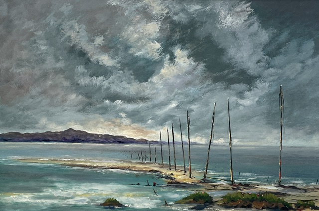 Lost Solway Heritage, a painting of stake nets standing in the shallows under a grey Solway sky