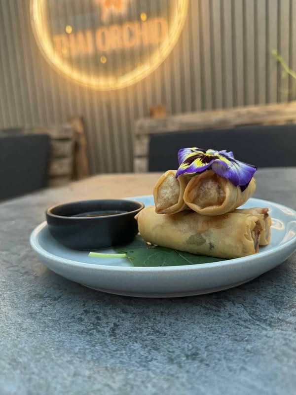 Spring rolls and dipping sauce, with the Thai Orchid sign lit behind